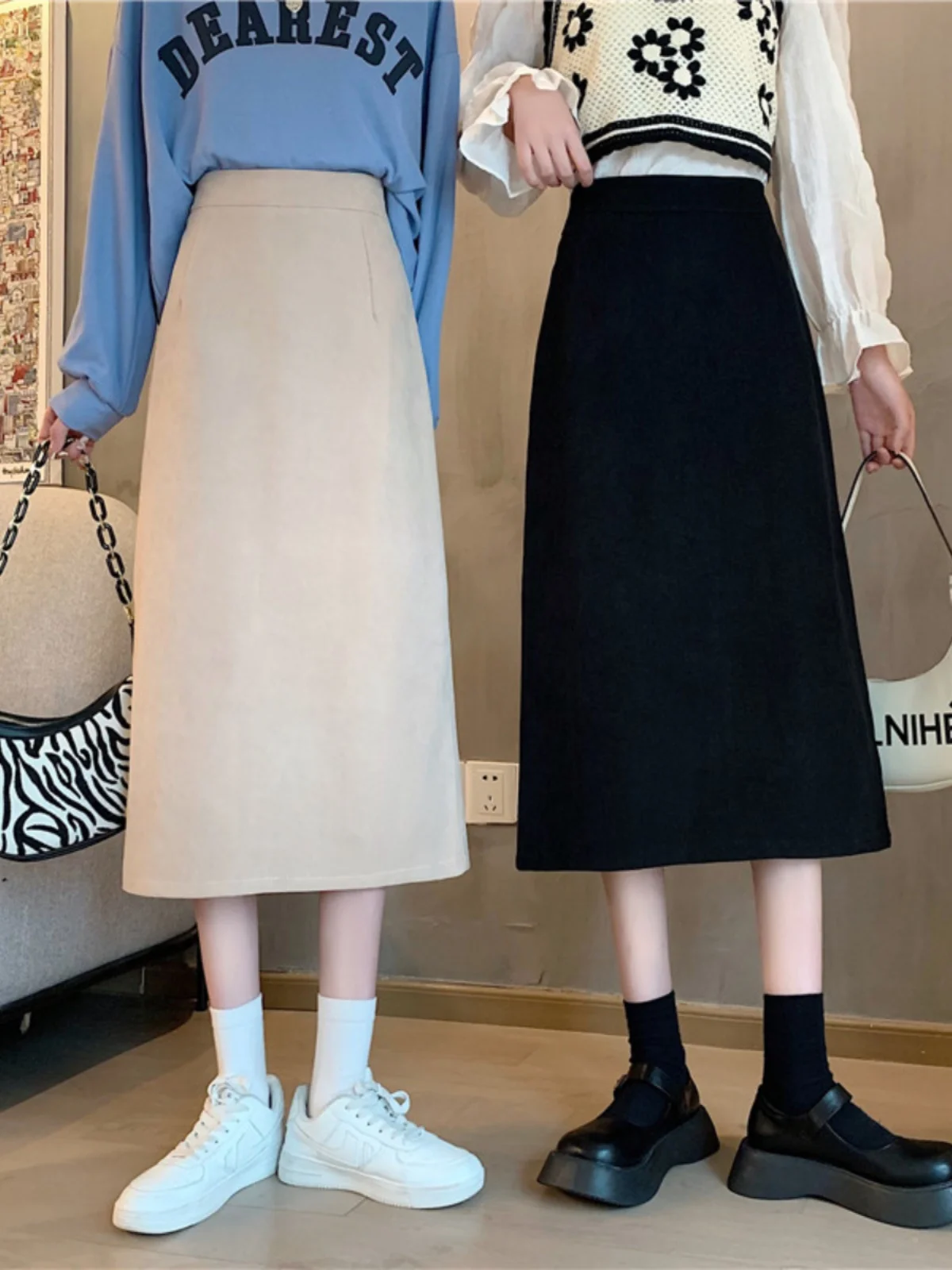 High Waist A-Line  Skirt Women's Spring Autumn 2026 New plus Size Slimming High-End Feeling Back Split Woolen Skirt