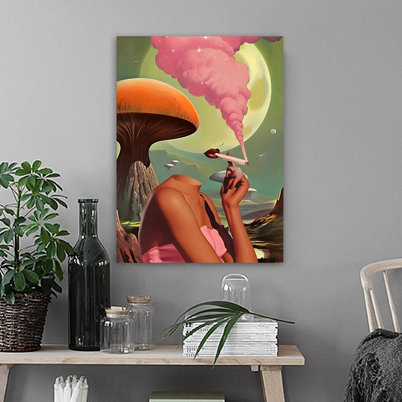 Retro Woman Smoke Surreal Mushroom Pink Posters and Prints Canvas Painting Wall Art Pictures for Living Room Home Decoration