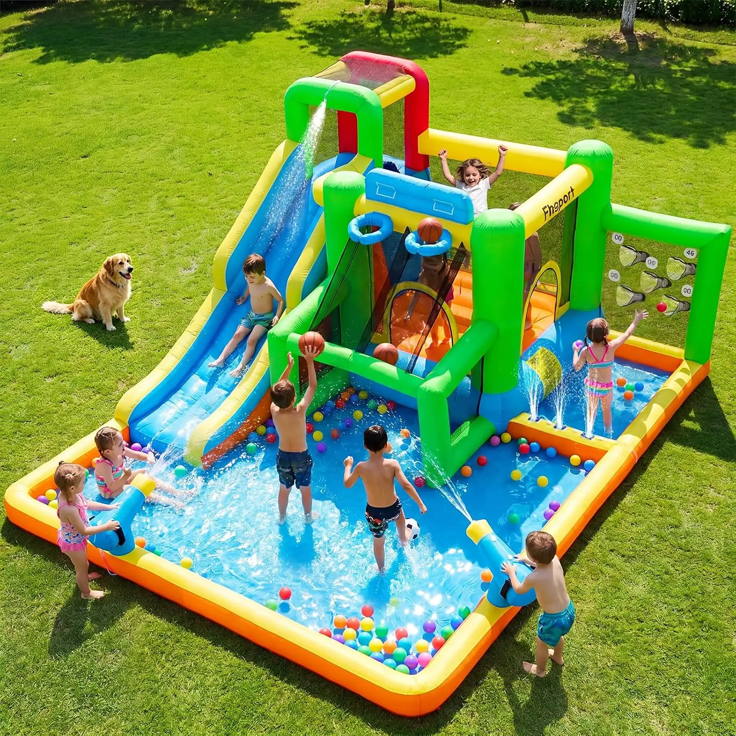 Kids Outdoor House With Slide - FBSPORT Aufblasbare Hüpfburg mit Wasserrutsche, Hüpfburg