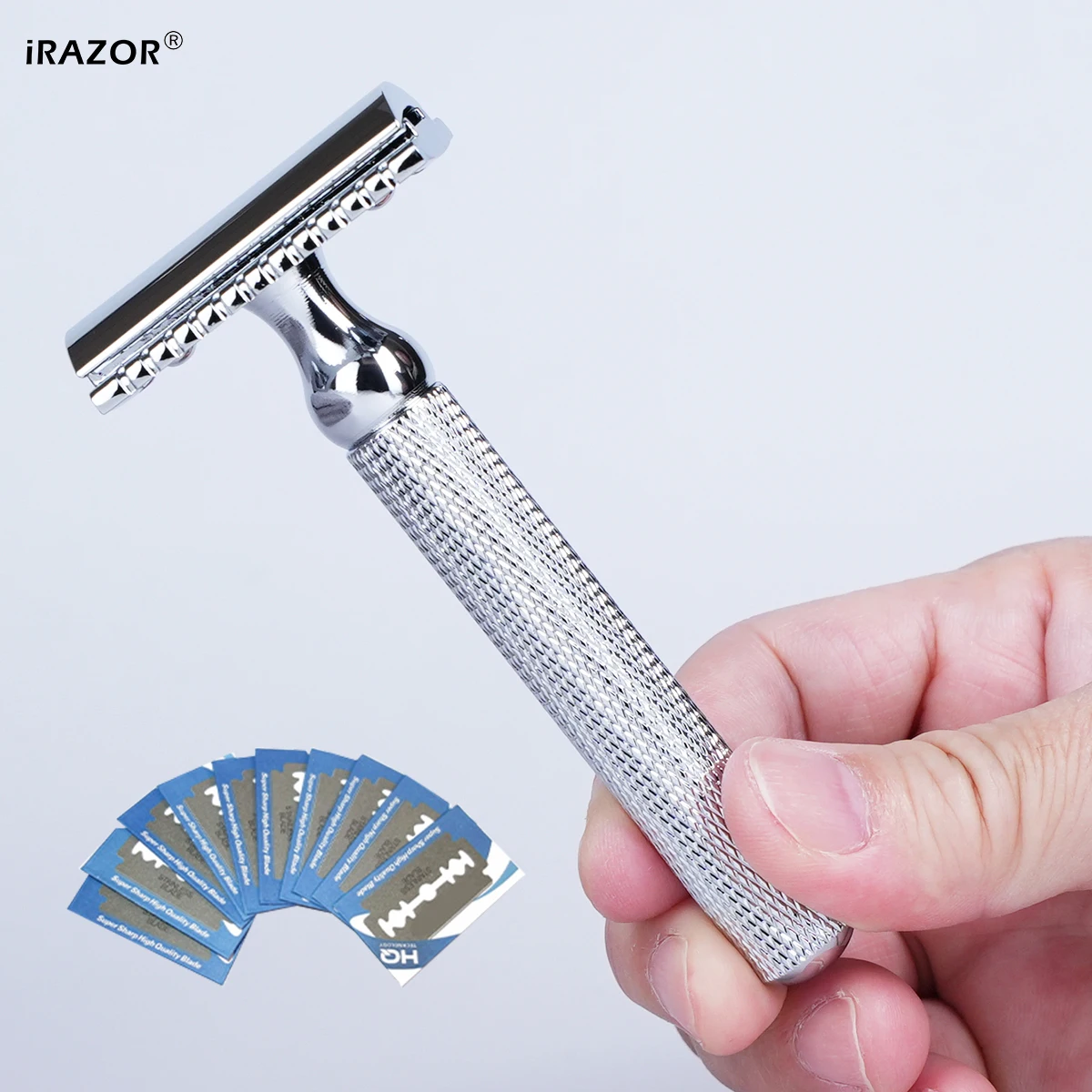 iRAZOR Classic Double Edge Safety Razor Eco-Friendly Manual Shaver for Men Aluminium Silver Razor with 10 Original Blade Razors