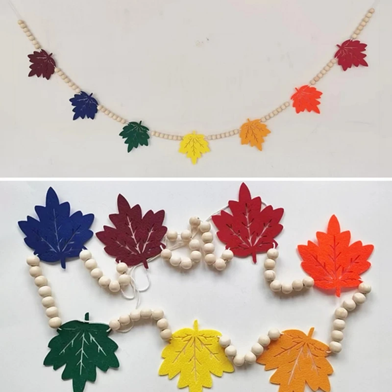 Fall Leaves Garland Autumn Wood Beads Maple Leaf Pumpkin Garland Thanksgiving Decor Home Birthday Party Decoration