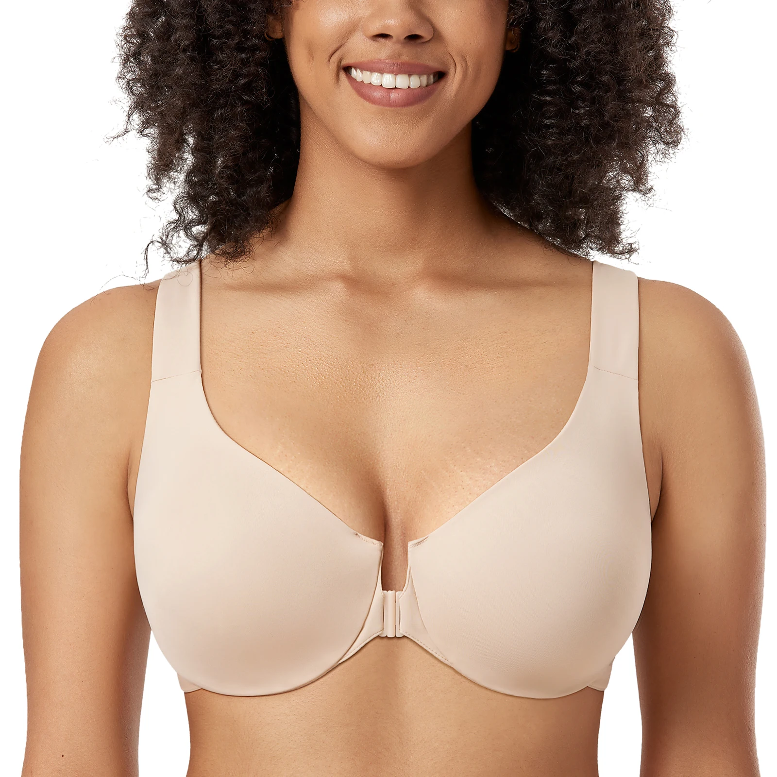 Sutiã de fechamento frontal sem espuma Racerback para mulheres, Underwire, cobertura total, conforto