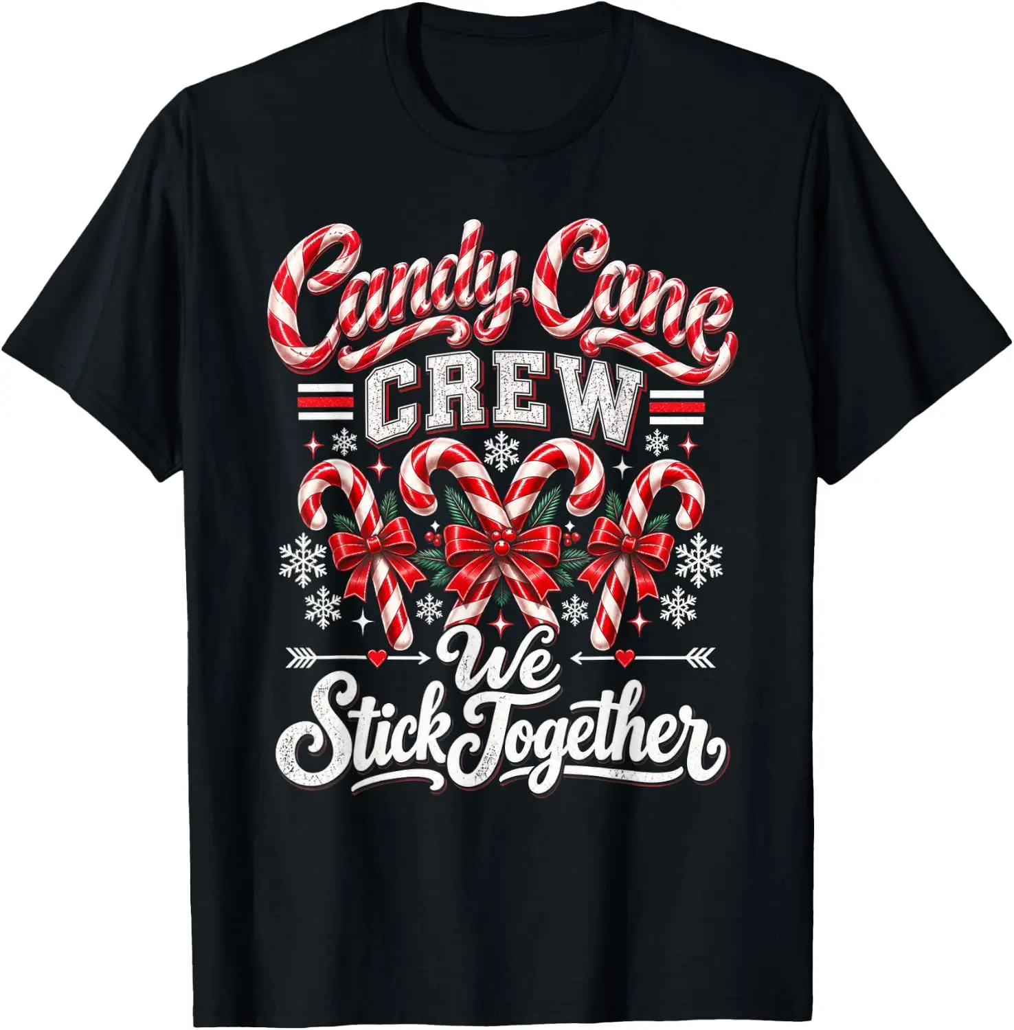 Candy Cane Crew We Stick Together Funny Christmas Family T-Shirt Breathable, heavyweight pure cotton short-sleeve top—stylish, plus-size, and suitable for year-round wear with a sporty, casual vibe