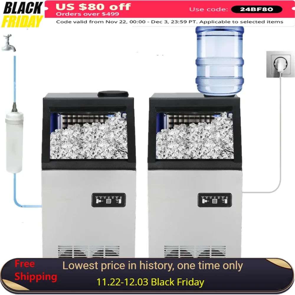 

Commercial Ice Maker, BinFreestanding W/2 Water Inlets and 24lbs Ice Scoop & Filter, LCD Indicator Displaying, Ice Makers