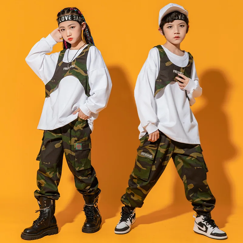 

Girl Boy Hip Hop Clothing Oversized Sweatshirt Top Tactical Cargo Pants Camo Vest Kids Streetwear Children Jazz Dance Costume