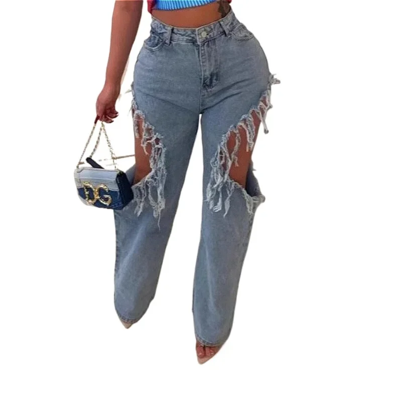Women Solid Denim Jeans Holes Wide Leg Pants Full Lenth High Waist Zipper Loose Fit Y2k Casual Streetwear 2026 Spring Autumn