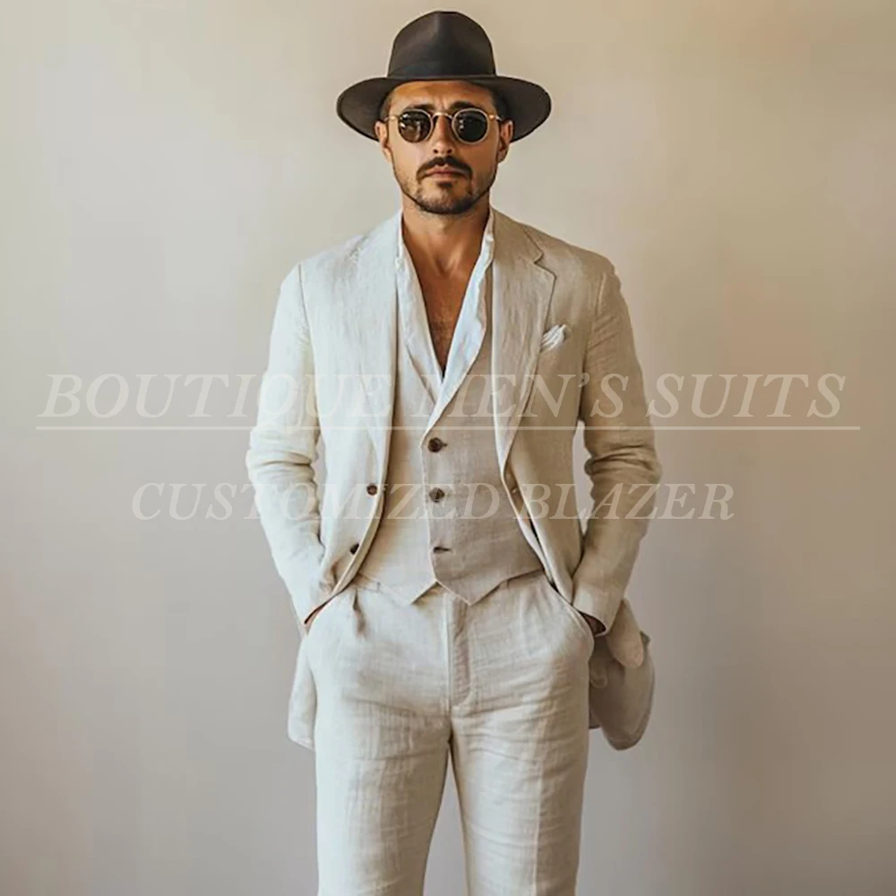 

Casual Summer Linen Men's Suits For Wedding Groomsmen 3 Piece Jacket Pants Vest Customized Single Breasted Male Clothing Costume