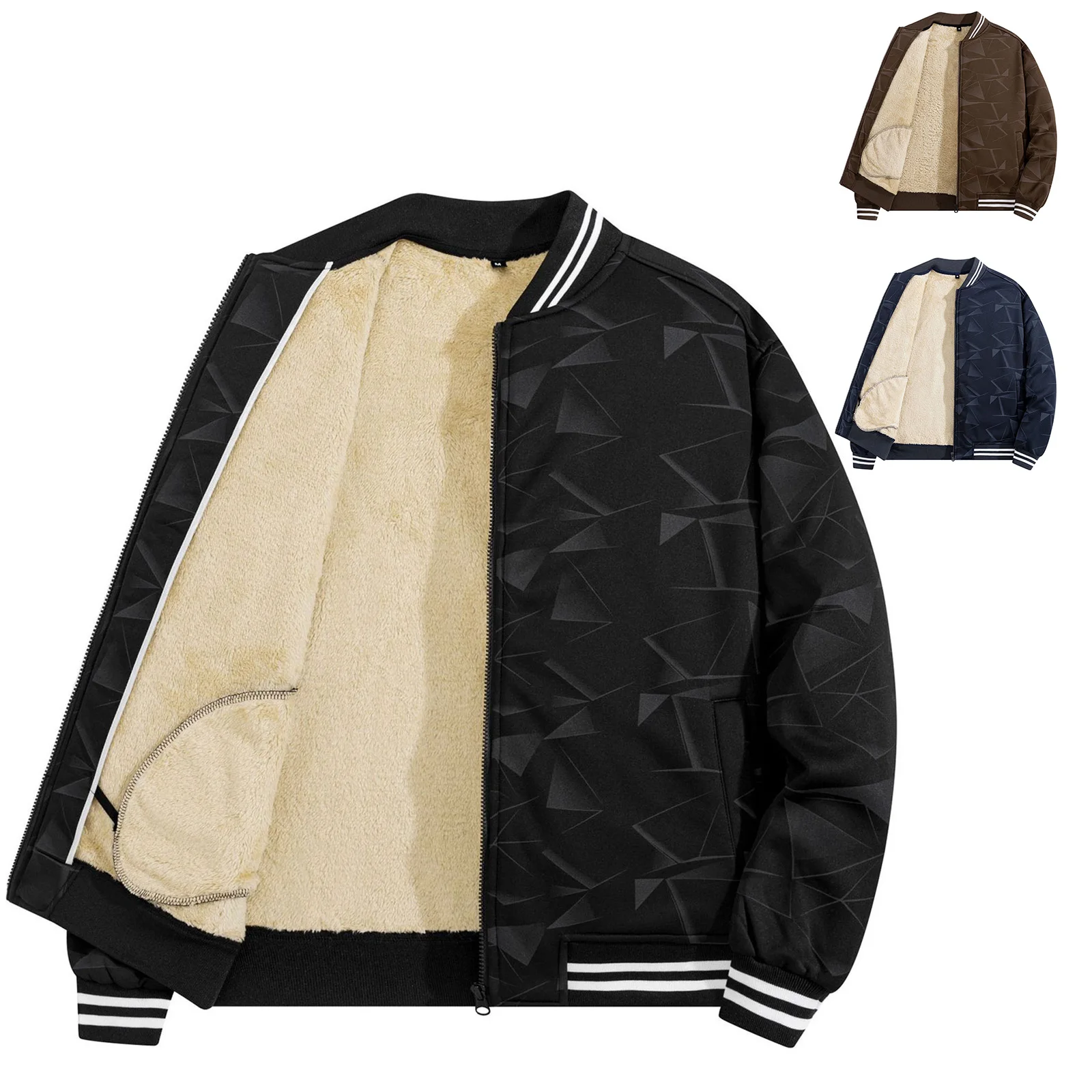 

Мужская куртка на флисовой подкладке, толстая бейсбольная модная повседневная куртка с длинными рукавами и принтом, мужская повседневная однотонная куртка на молнии