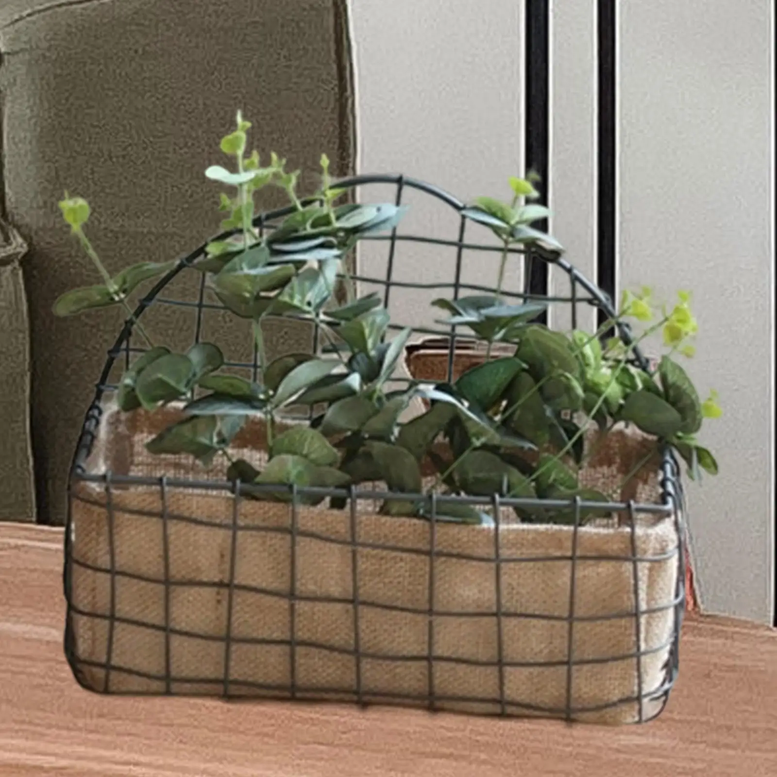 Iron Wire Hanging Basket Door Basket Home Decor Iron Grid with Breathable Linen for Farmhouse Garden Window Wedding Party