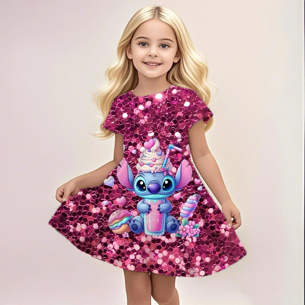 Potdemiel Sommer Neue Kinder 3d Gedruckt Romantische Stich Nettes Mädchen Kurzarm Kleid 3-14 Jahre Alte Kinder leistung Kleidung