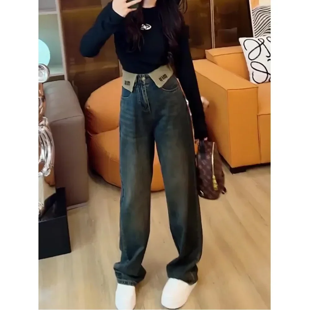 Jeans Women Denim Full Length High Waist Pockets Cuffs Trousers Female Denims 2025 Streetwear Vintage Straight Wide Leg Pants