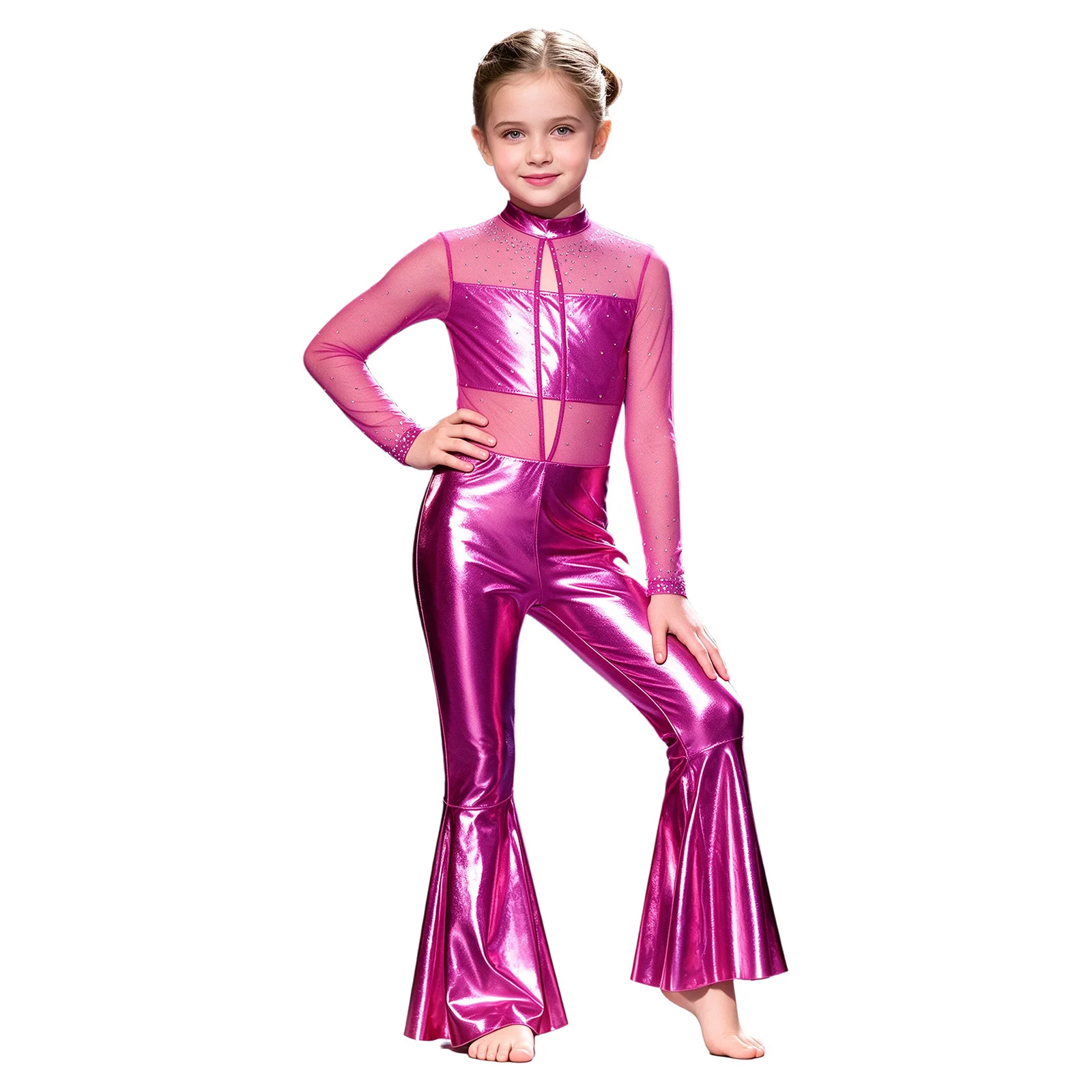 Kids Girls Metallic Shiny Jazz Modern Dance Jumpsuit Long Sleeve Cutout Mesh Rhinestone Bell-bottom Bodysuit Hip Hop Dancewear