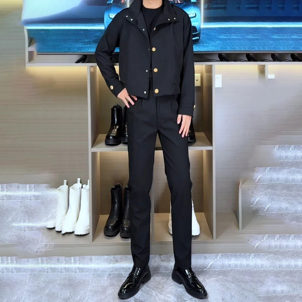 Mens Jacket Trousers Sets Retro Brass Button Slim Jacket Streetwear Fashion Casual British Elegant Two-Piece Sets Men'S Clothing