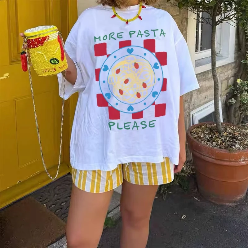 

"More Pasta Please" Graphic Tops Women's Casual Crew Neck T-Shirt Short Sleeve Cotton Tee Female Clothing Gift for Pasta Lover