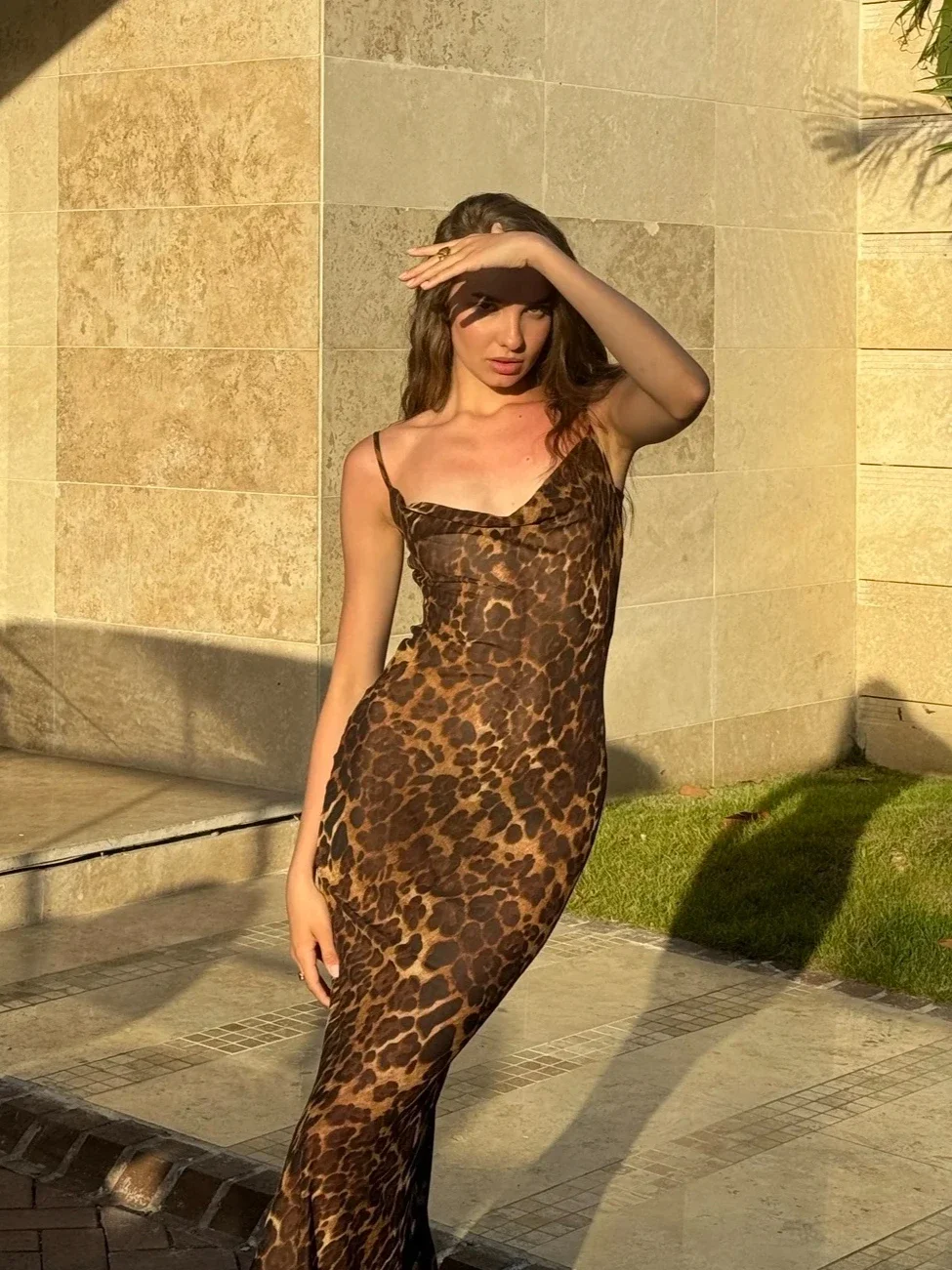 Oligai Sommer Leopard schiere Strand kleid sexy Maxi sehen durch rücken freie Schnür kleid elegante boden lange Urlaubs kleid Frauen