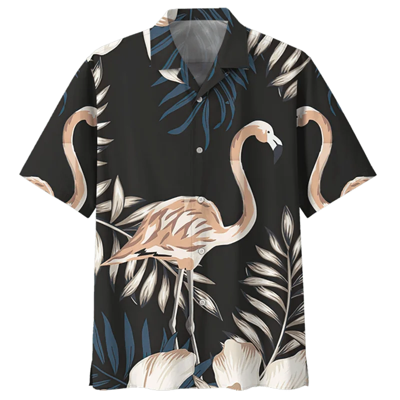 Camisas hawaianas con estampado 3D de pájaros y flamencos para hombres y mujeres, blusa de manga corta con botones de calle, camisa de solapa de gran tamaño