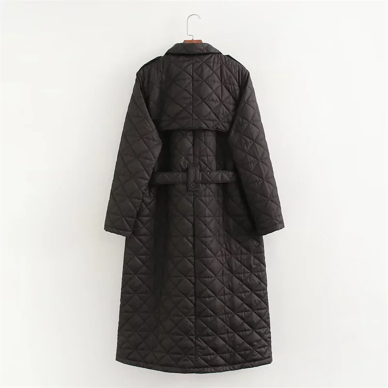 2024 New Women\'s Black Long Quilted Cotton-Padded Coat Winter With Belt Single Breasted Thick Outerwear Robe Top