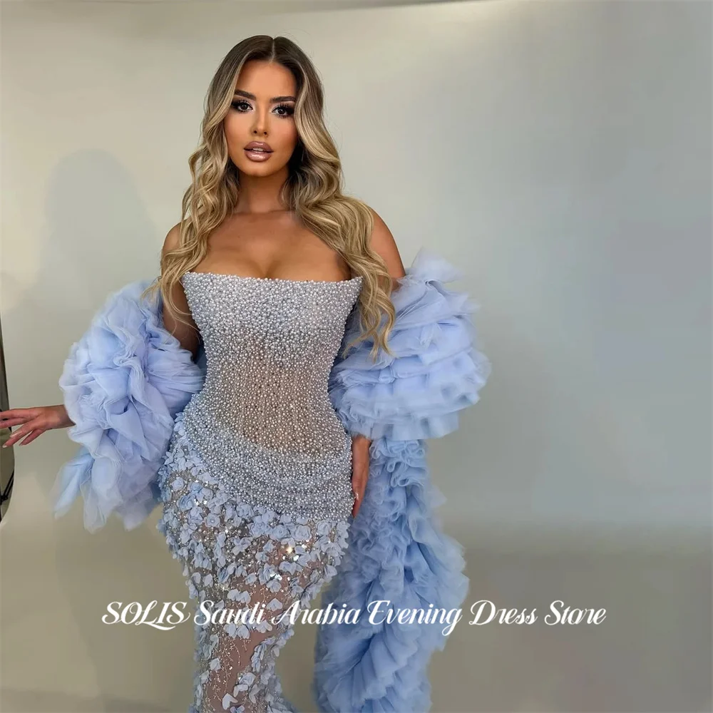 

SOLIS Blue Party Dress Strapless فساتين السهرة with Shawl Night Dress Glitter Sequin Celebrity Dresses Customized