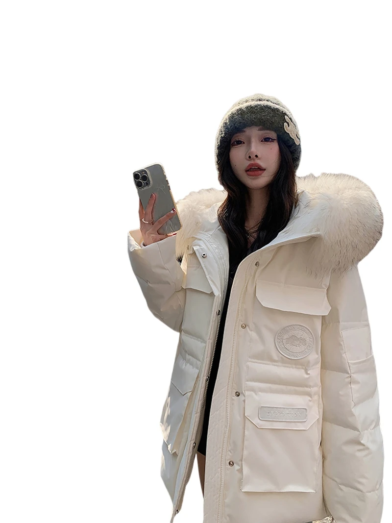 Icelandic goose down jacket with a large fur collar for women, mid-length fur coat, hooded goose down, young style