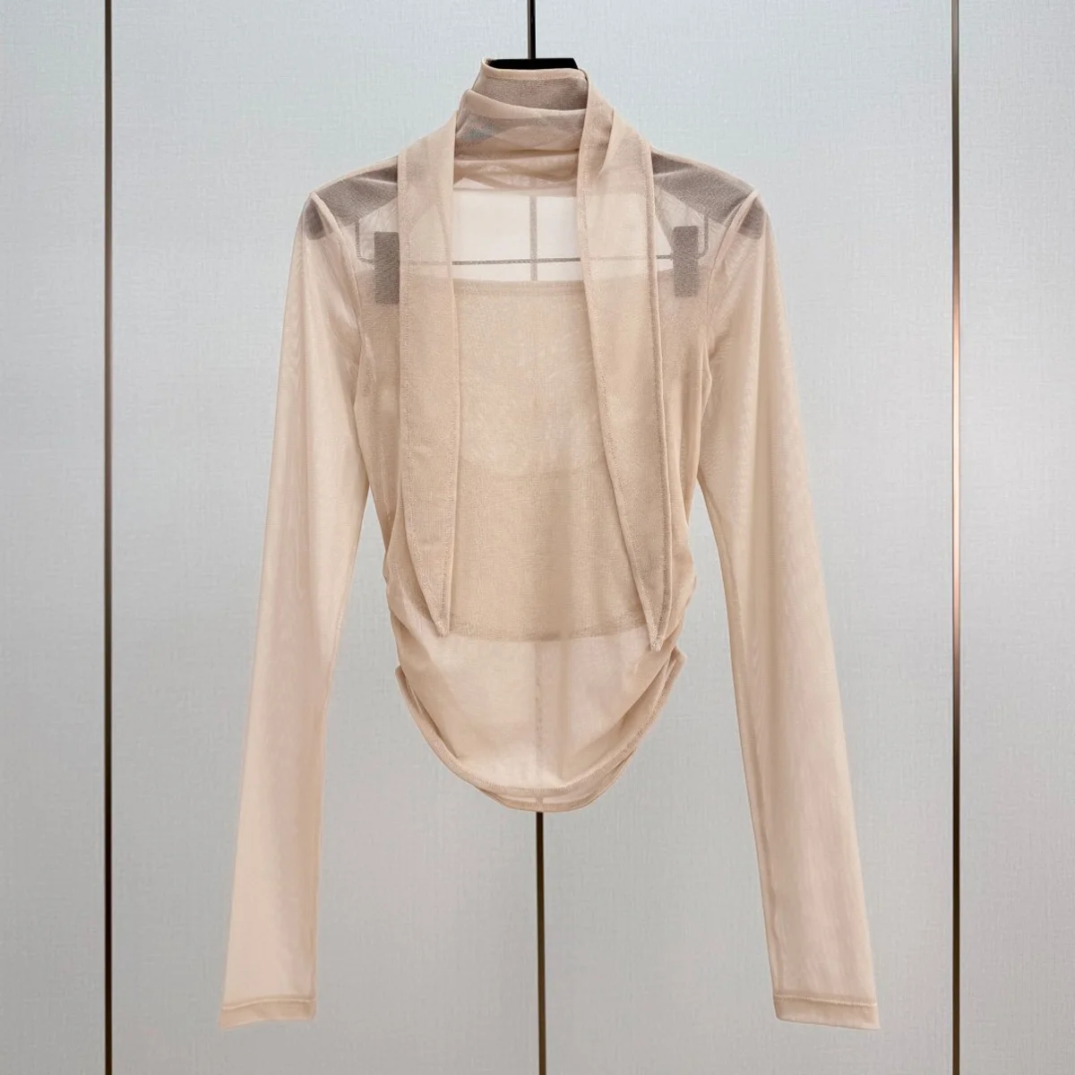 High Quality Women Sheer Mesh Long Sleeve Top, Tie Scarf Collar Ruched Curved Hem Open Back Slim Fit Blouse lyt134691