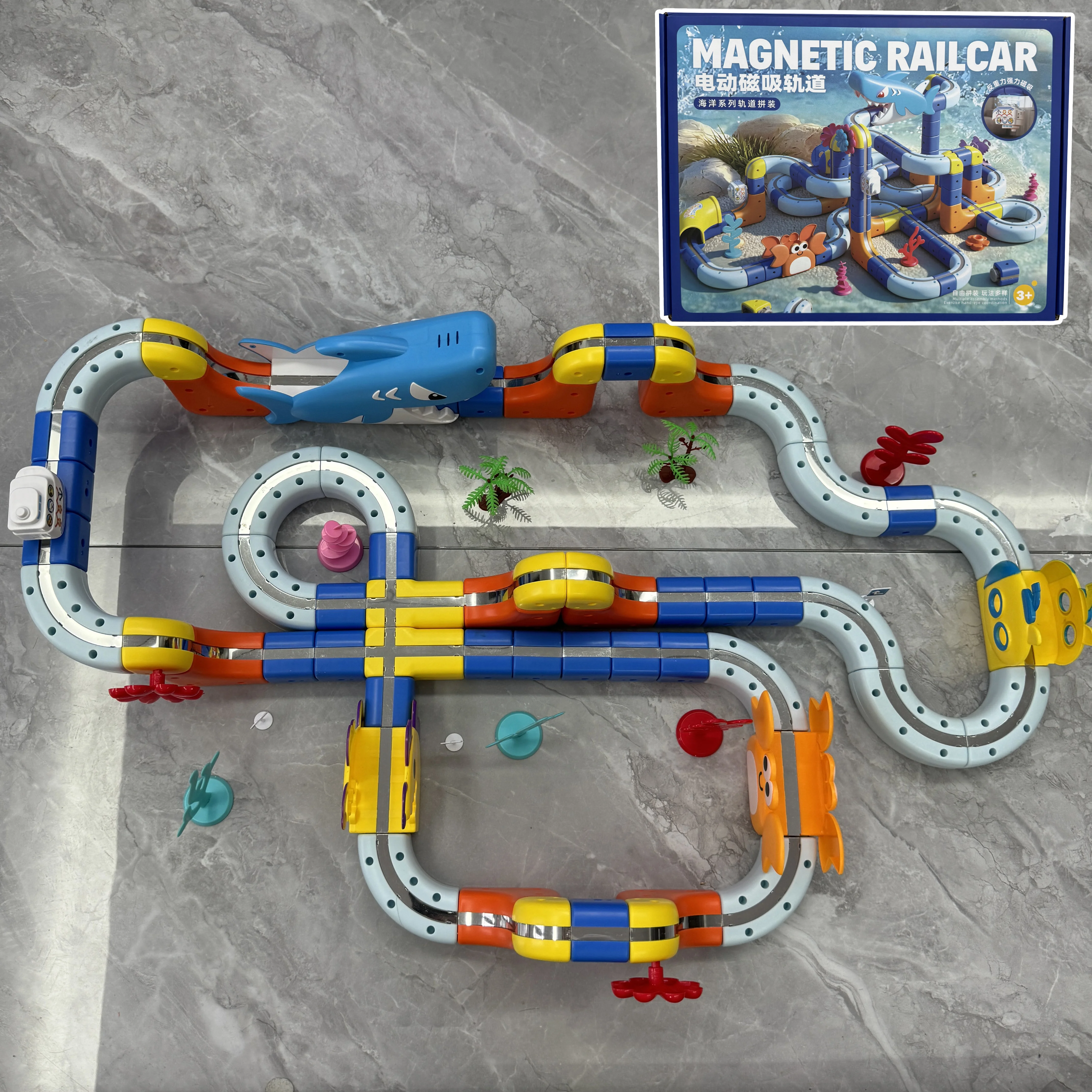 오션 마그네틱 전기 트랙 조립식 풀백 레이싱카 DIY 중력 슬라이드 교육용 어린이 장난감 휴일 크리스마스 생일 선물