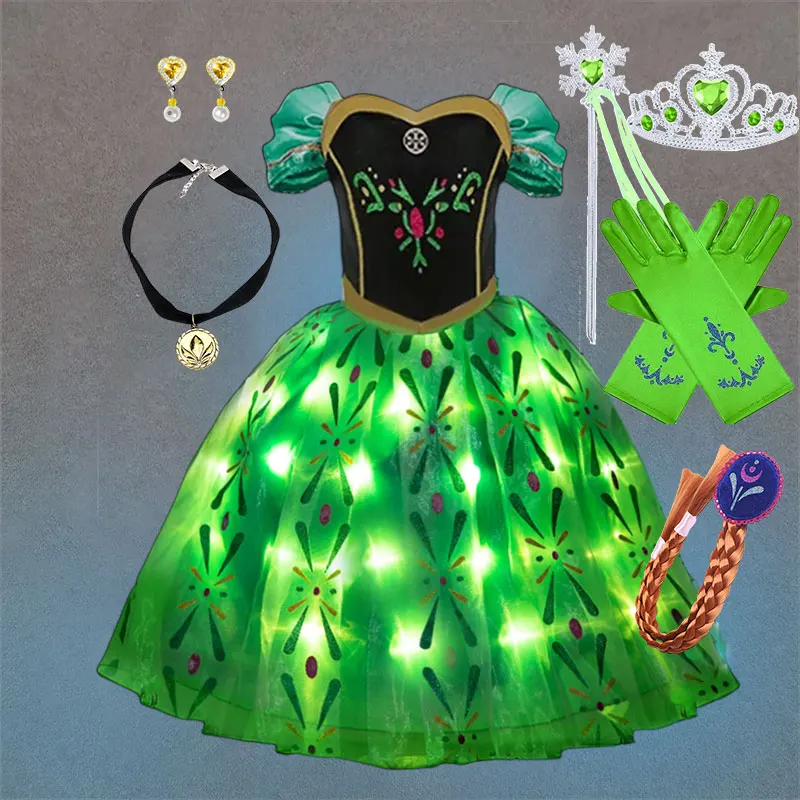 Snow Queen Illuminating  Anna Princess Ball Gown Fancy Green Floral Dress Halloween Glowing Anna Costume Birthday Elsa Party
