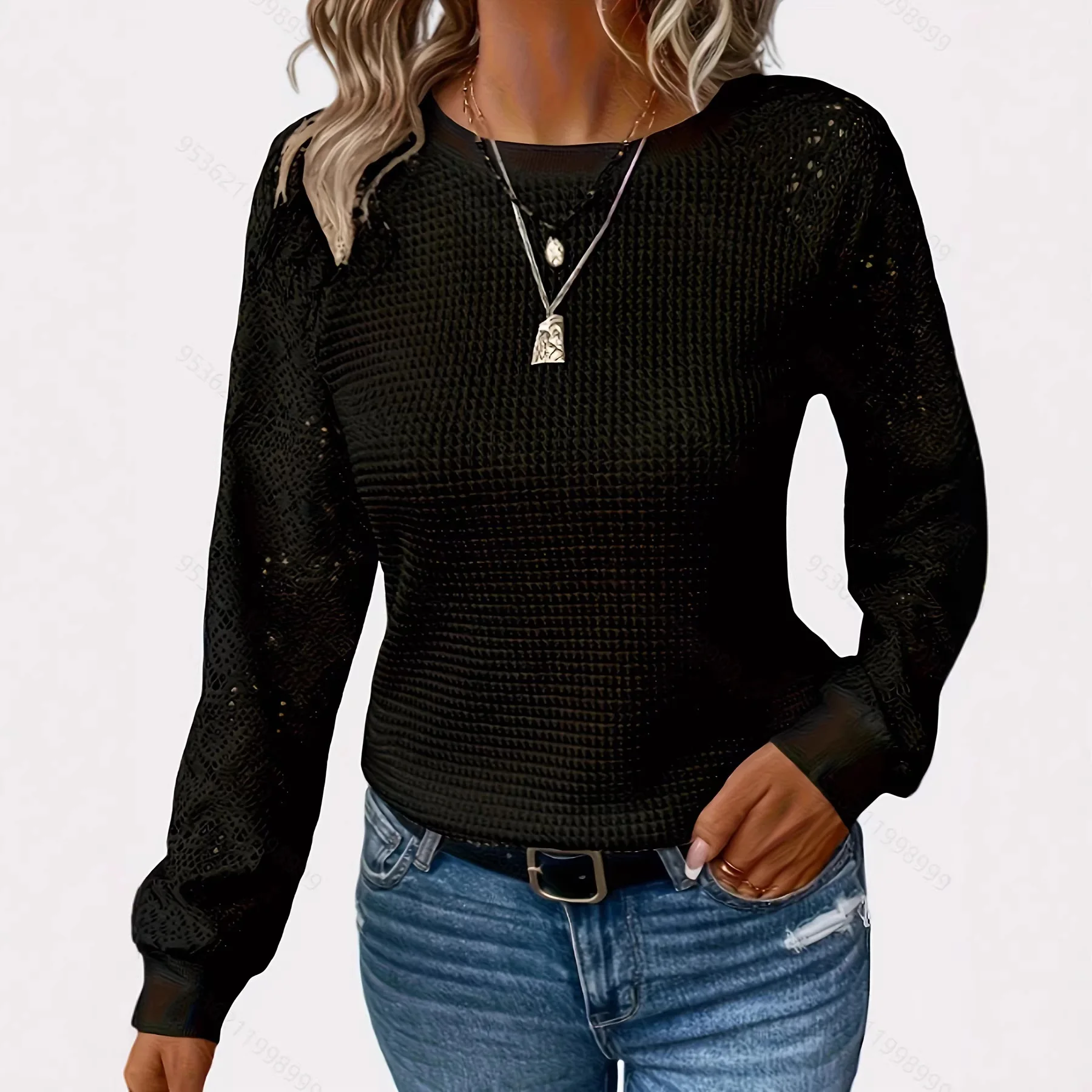 2026 New Women's Big Size Lace Crochet Sweater Round Neck Hollow Out Long Sleeve Knit Tops