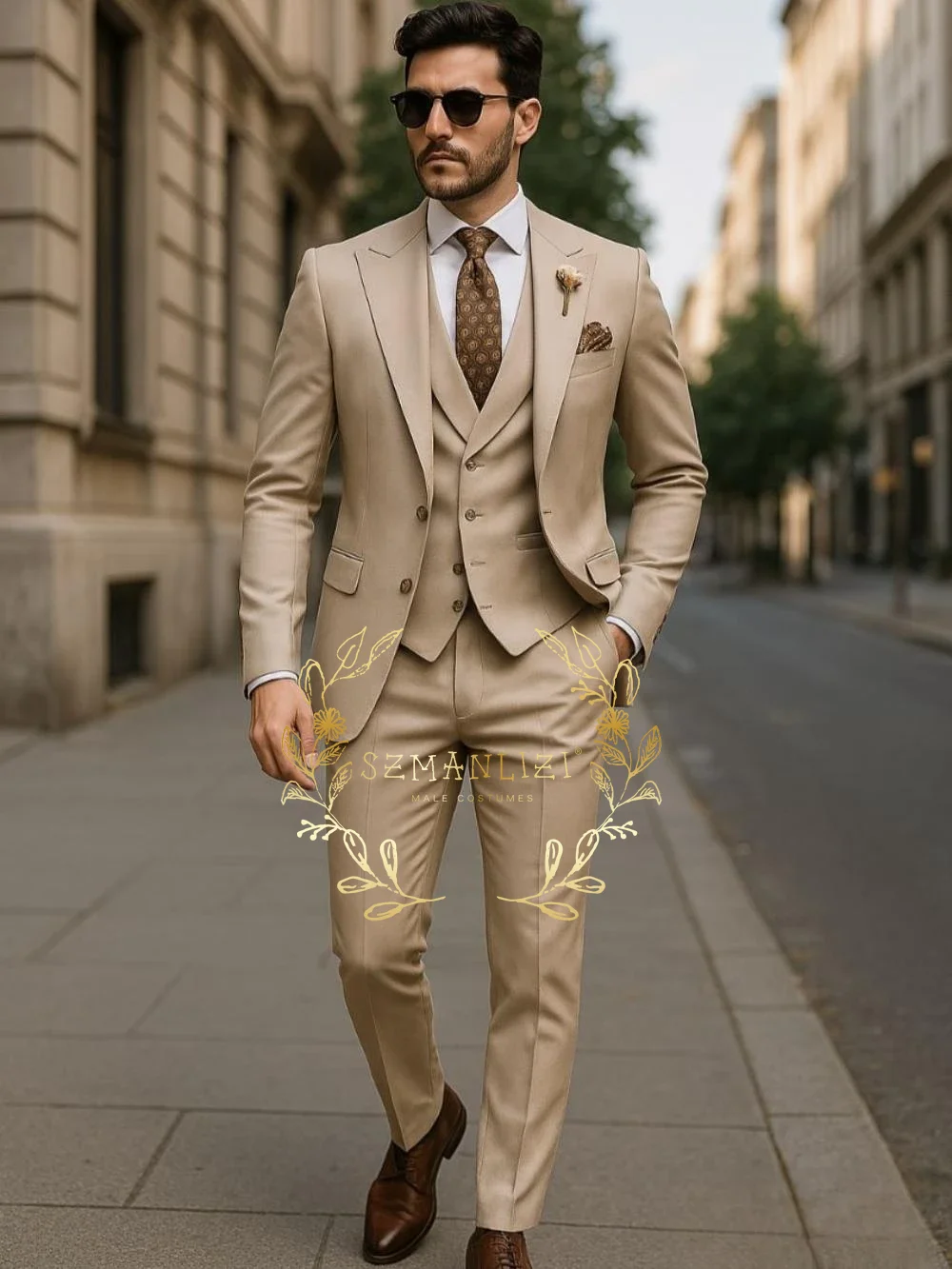 Casual Brown Business Suits 3 Pieces Slim Fit Bridegroom For Men Groomsmen Suit Male Formal Wedding Tuxedos (Jacket+Vest+Pants)