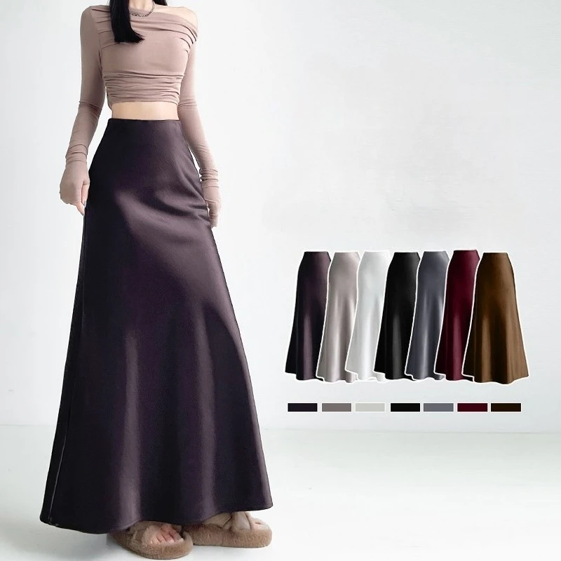 

Spring Autumn High Waist Elegant Satin Women's Mermaid Long Skirts 2025 New Office Straight A-line Fishtail Wrap Skirts Female