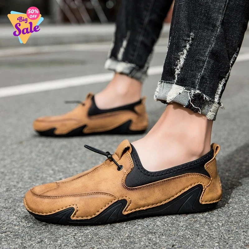 

Новые мужские легкие нескользящие кроссовки 2026 года: модные водонепроницаемые кожаные туфли ручной работы для активного отдыха, повседневной ходьбы и вождения