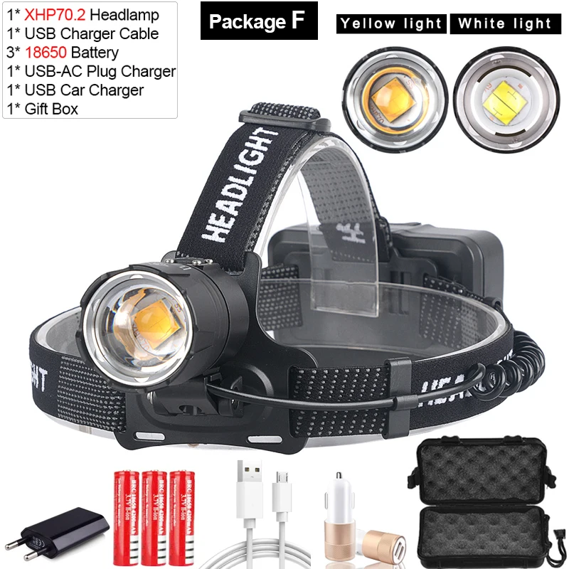 XHP70 Led-koplamp Meest krachtige oplaadbare koplamp met geel/wit licht Vissen Camping Zoom-koplamp Waterdichte koplamp