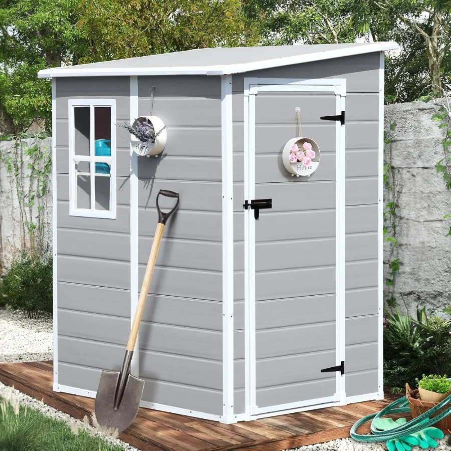 Feet Resin Storage Shed with Floor Window, Light Gray for outdoor storage, durable resin material, light gray color, weather-re
