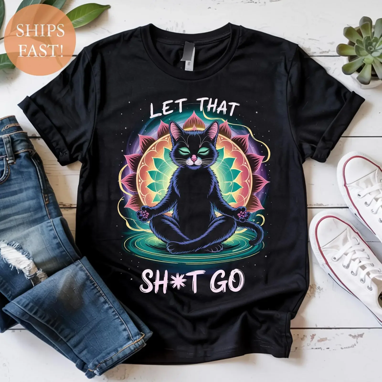Funny Zen Cat SweaT T Shirt Meditating Black Mandala vintage Washed Slightly homme Breathable designer clothes Soft Unisex