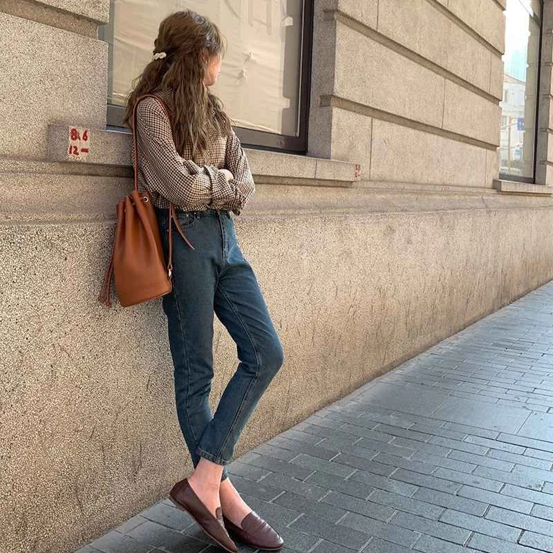 Shirts Frauen Vintage Baggy Stilvolle Plaid Streetwear Frühling Herbst Koreanischen Stil Alle-spiel Ästhetischen Elegante Kausalen Feminno Blusas