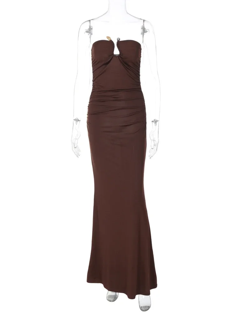 Chaxiaoa-maxivestido Sexy sin tirantes para mujer, vestido negro de café con hombros descubiertos, cuello en V, Espalda descubierta, sin mangas, ceñido al cuerpo, vestido largo para playa y Club