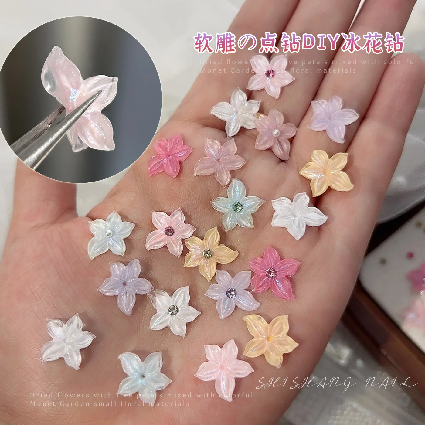 Dreamy Ice Clear Flower Rhinestone Lily Daisy Camellia Rose Sunflower Soft Carved Nail Charms Art Accessories Decorations Tools