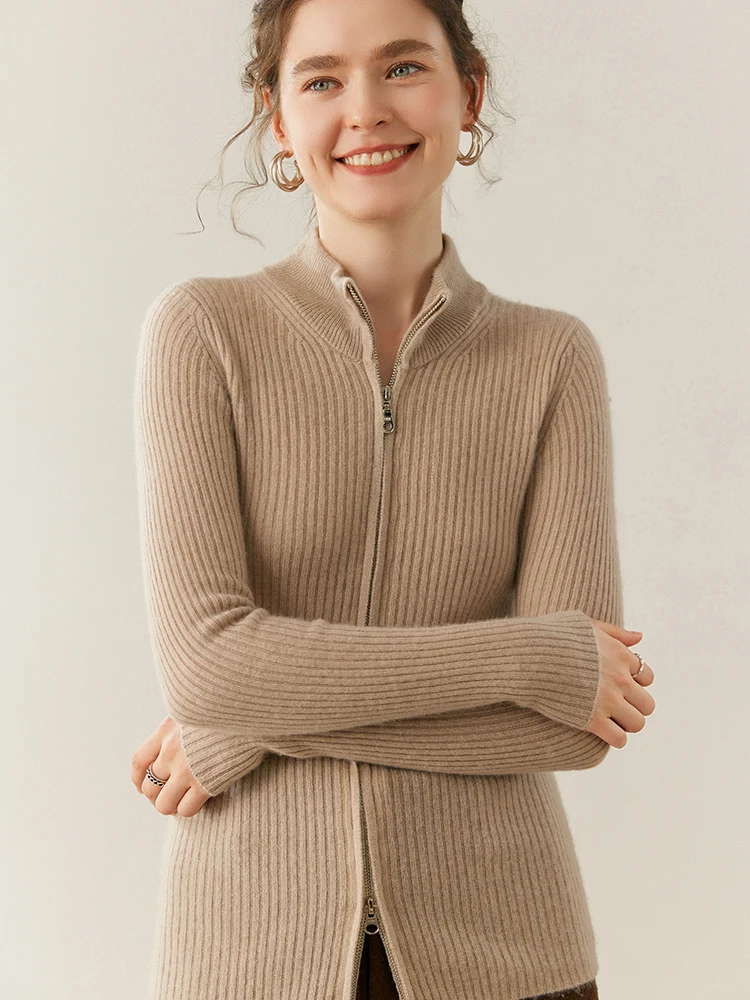 

Luxury Women 100% Cashmere Sweater Spring Autumn Zipper Cardigan Slim Stand-up Collar High-end Worsted Cashmere Knitwear Tops