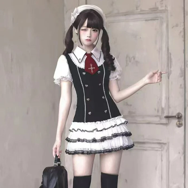 

Японское готическое платье в стиле Y2K Lolita, милое женское платье с бантом, пышными короткими рукавами и пуговицами, мини-платье для вечеринок в стиле гранж