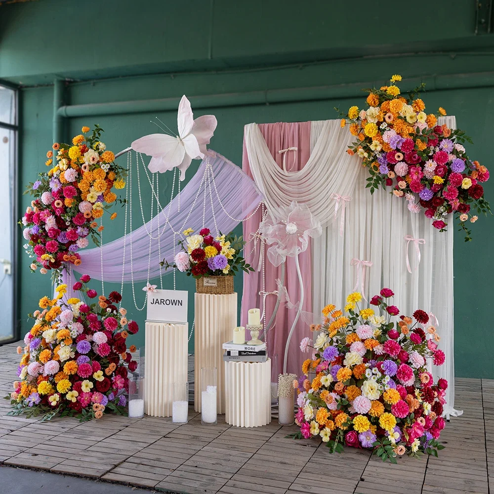 

Wedding Event Backdrop Decors Artificial Floral Decorations Orange Red Series Dahlia Rose Floral Arrangement Floor Flowers