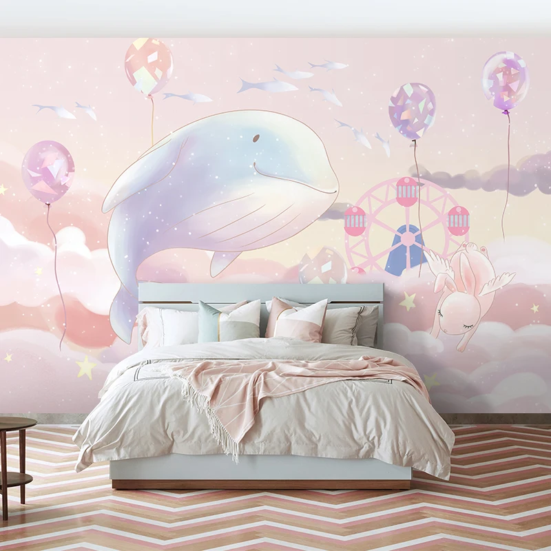 

Custom Nordic cartoon whale fantasy pink princess room wall stickers warm cartoon wallpaper children's clothing store wall paper