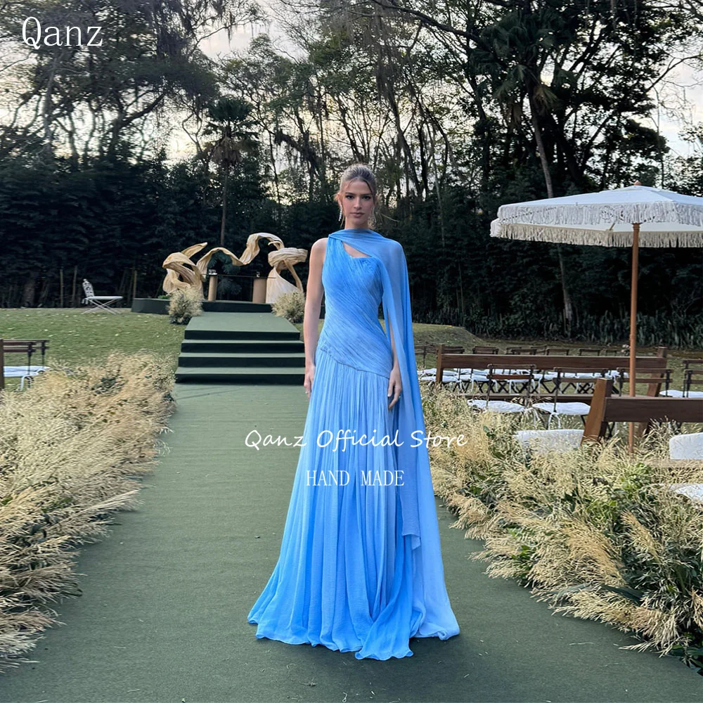 

Qanz Blue One Shoulder Evening Dresses Chiffon Long A Line Vestidos De Fiesta Elegantes Pleat Backless Party Dresses Customized