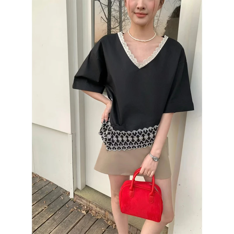 

Women's V-Neck Short Sleeve Shirt Lace Trim Embroidered Flower Top Casual Loose Fit Breathable Skin-Friendly Summer New Arrival