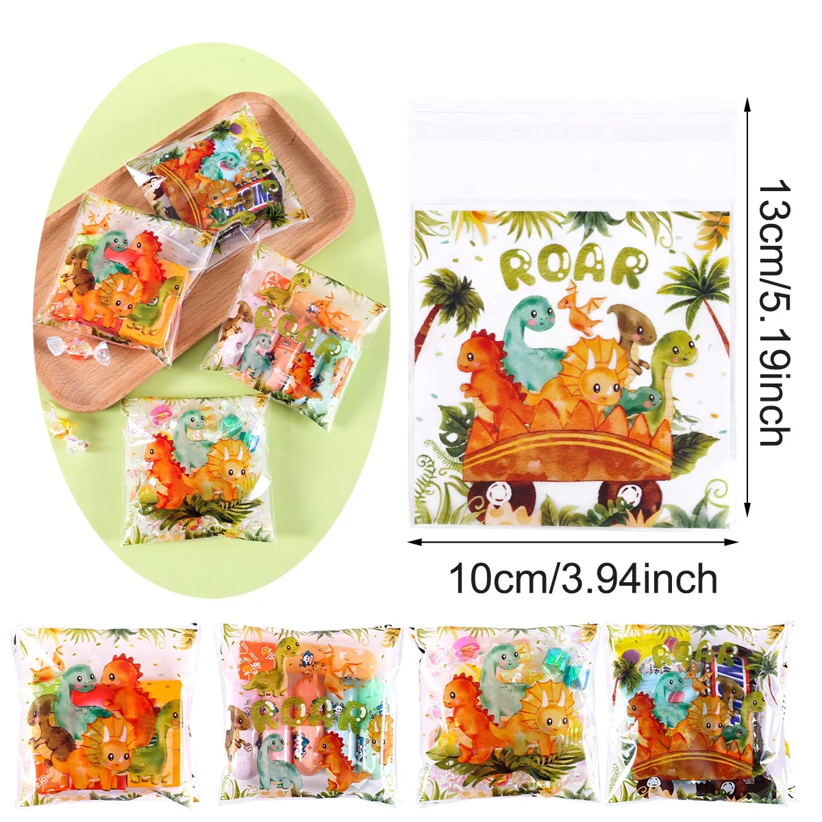50/100 Stück Dschungel-Dinosaurier Geschenktüten mit Siegelverschluss, Dino-Zellophan-Beutel für Erste-Geburtstags-Party-Dekoration – Detail 2