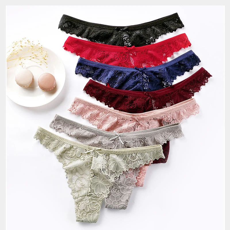 

Panties Women Sexy Lace Thong Hollow-out Transparent Briefs Cotton Crotch G-string Set Underwear Lingerie 7 Pcs/lot