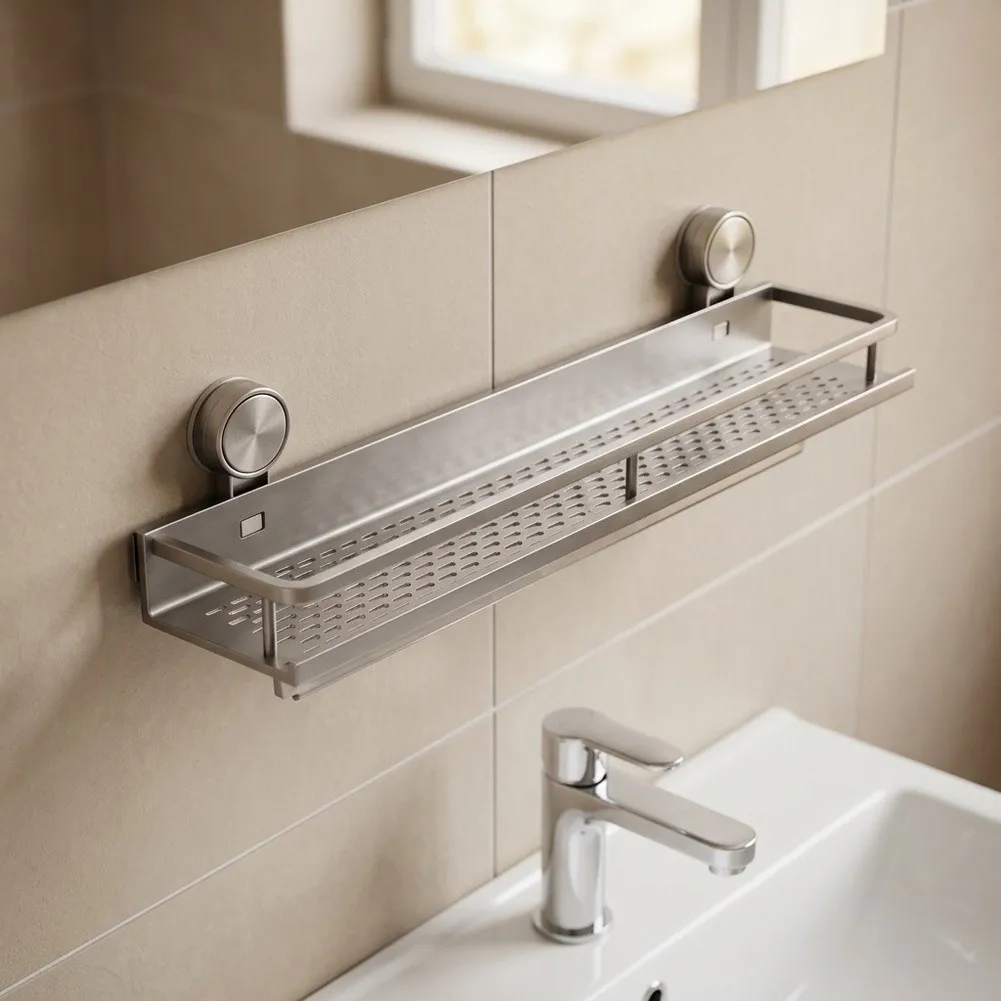 60cm Grey Space Aluminum Suction Cup Shelf No Drill Vacuum Storage Rack For Bathroom Shower Smooth For Surface Organizer