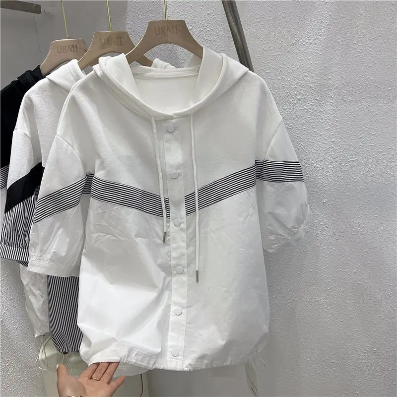 2024 Women's Clothing Hooded Color Blocked Long Sleeved Shirt Spring and Autumn New Fashionable Niche Shirt Western-style Tops