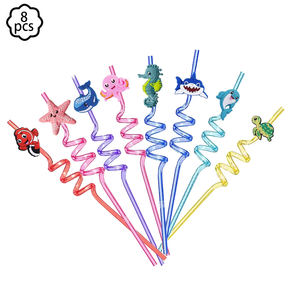 8pcs Ocean Animals Straws shark Drinking straws Kids Birthday Straws Under the Sea Animals Shark Birthday Party decoration gifts