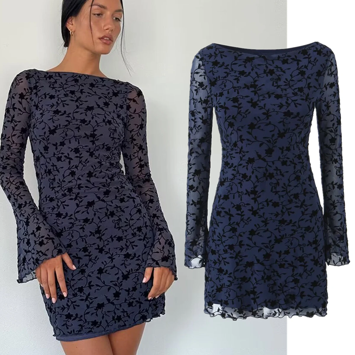

Dave&Di Autumn Long Sleeve Dress French Retro Flocking Flower Textured Mesh Dress Sexy Slim Fit Mini Dress Women