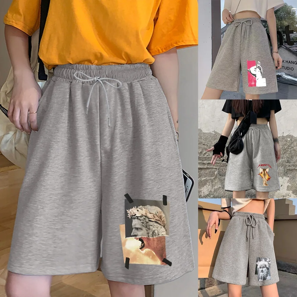 Fashion Ladies Shorts Harajuku Loose Shorts Personality Sculpture Printing Series Student Casual Stretch Belt Nine-point Pants