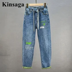 90s cintura elástica amarrada ruched hallen jeans feminino americano rua carta impressão revers lago demin calças cor bloqueando vaqueros